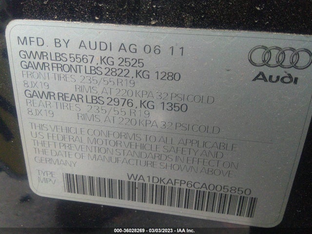2012 AUDI Q5 3.2L PREMIUM PLUS VIN: WA1DKAFP6CA005850