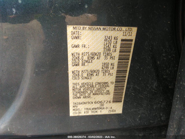 2012 NISSAN ARMADA PLATINUM VIN: 5N1BA0NF9CN606726