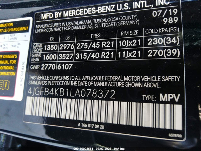 2020 MERCEDES-BENZ GLE GLE 350 VIN: 4JGFB4KB1LA078372