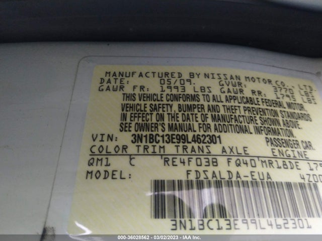 2009 NISSAN VERSA 1.8 S VIN: 3N1BC13E99L462301