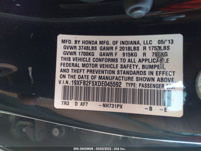 2013 HONDA CIVIC SDN LX VIN: 19XFB2F5XDE045592