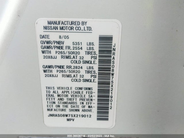 2005 INFINITI FX35 VIN: JNRAS08W75X219012
