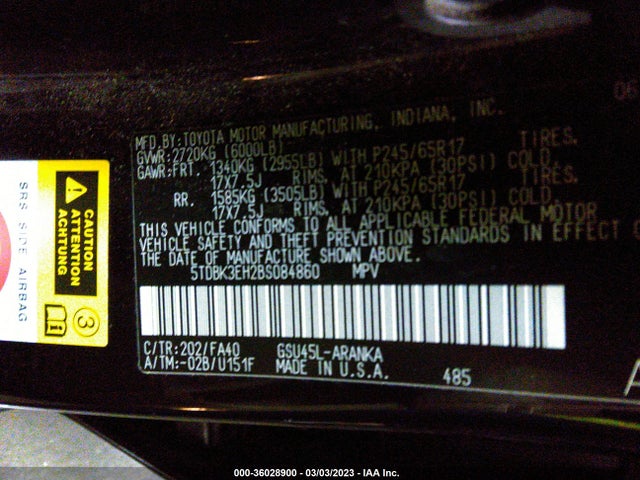 2011 TOYOTA HIGHLANDER BASE/SE VIN: 5TDBK3EH2BS084860