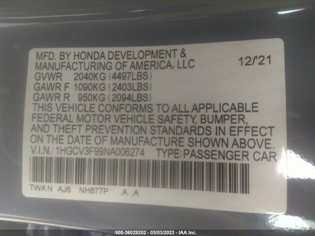 2022 HONDA ACCORD HYBRID TOURING VIN: 1HGCV3F99NA006274