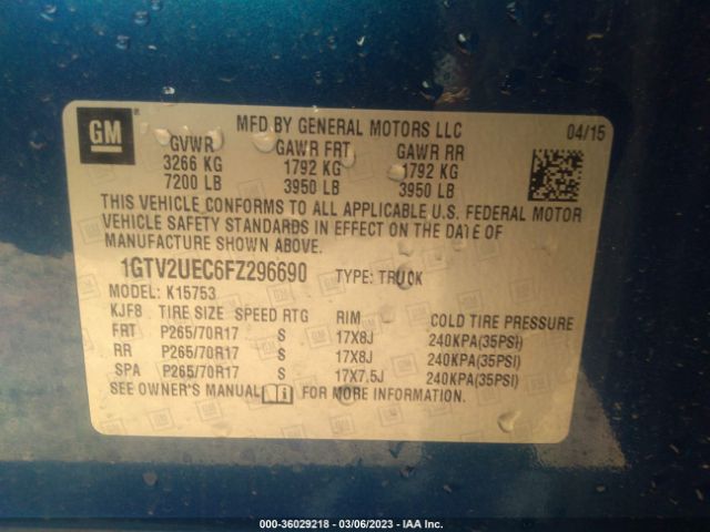 1GTV2UEC6FZ296690 GMC Sierra 1500 Sle