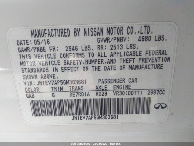 36029456 :رقم المزاد ، JN1EV7AP5GM303681 vin ، 2016 Infiniti Q50 3.0t Premium مزاد بيع