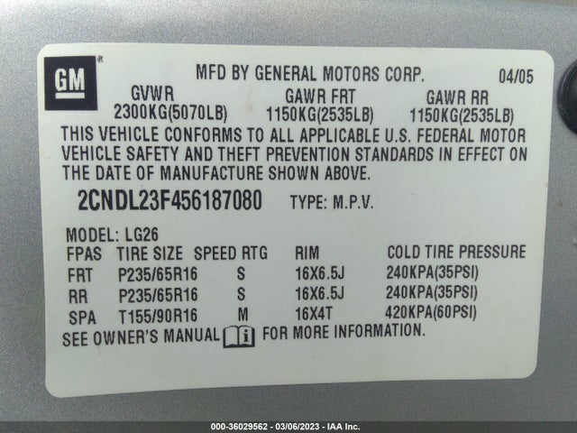 Chevrolet EQUINOX LS 2005 2CNDL23F456187080 Image 10