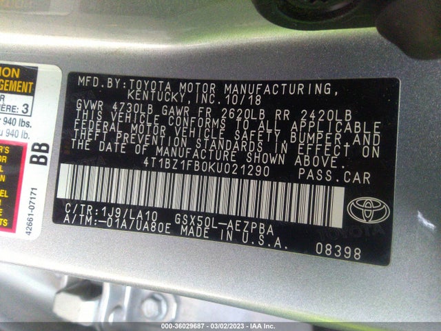 2019 Toyota Avalon, VIN: 4T1BZ1FB0KU021290