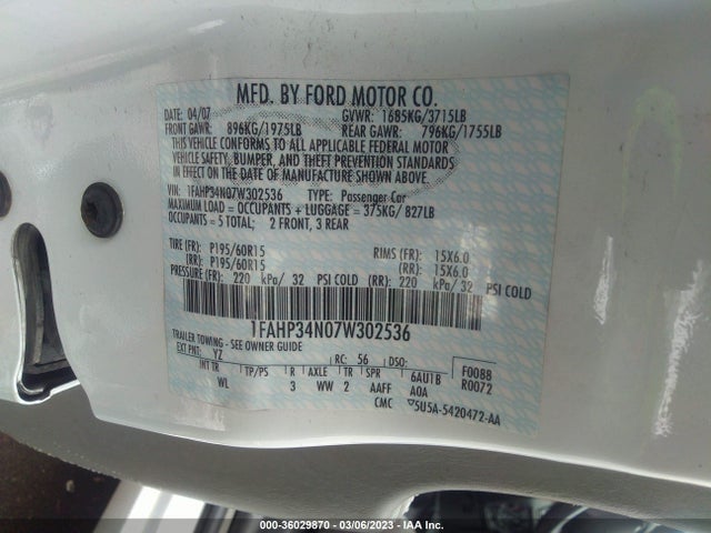 2007 FORD FOCUS S/SE/SES VIN: 1FAHP34N07W302536