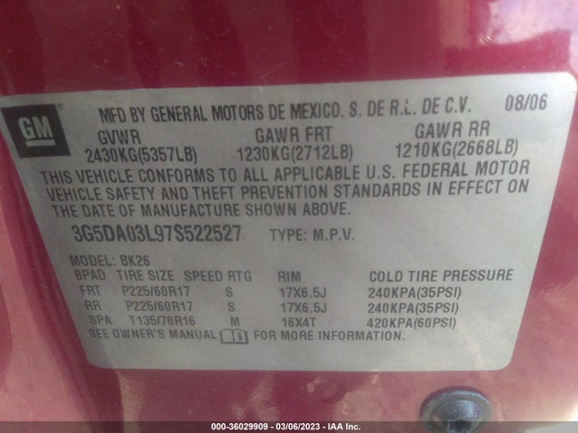 2007 BUICK RENDEZVOUS CX VIN: 3G5DA03L97S522527