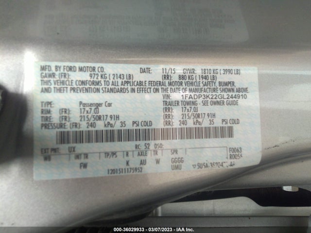 Ford FOCUS SE 2016 1FADP3K22GL244910 Image 10