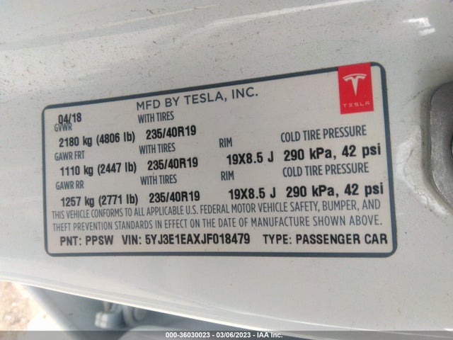 Tesla Model 3 Range Battery 2018 5YJ3E1EAXJF018479 Image 9