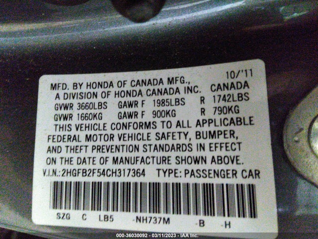 2012 HONDA CIVIC SDN LX VIN: 2HGFB2F54CH317364