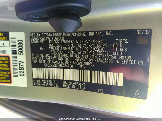 Toyota Sienna Ce/le 2009 5TDZK23C59S284738 Image 9
