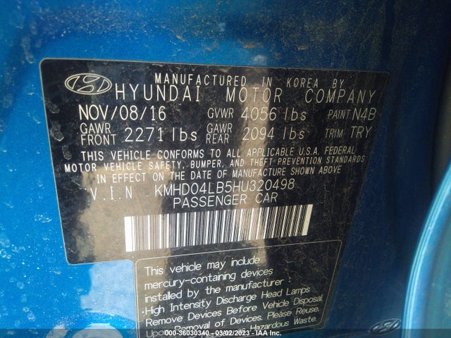 2017 HYUNDAI ELANTRA SPORT VIN: KMHD04LB5HU320498