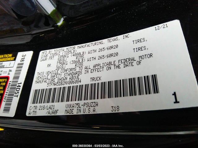 2022 Toyota Tundra, VIN: 5TFNA5DB2NX006084
