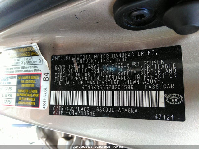 2007 TOYOTA AVALON XL/TOURING/XLS/LIMITED VIN: 4T1BK36B57U201596