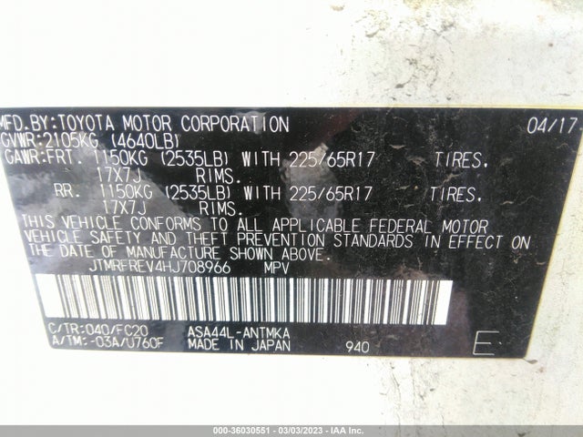 2017 Toyota RAV4, VIN: JTMRFREV4HJ708966