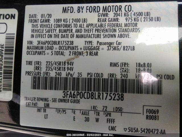 2020 Ford Fusion, VIN: 3FA6P0CD8LR175238