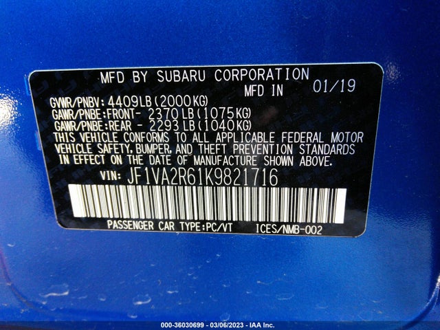 2019 Subaru WRX, VIN: JF1VA2R61K9821716