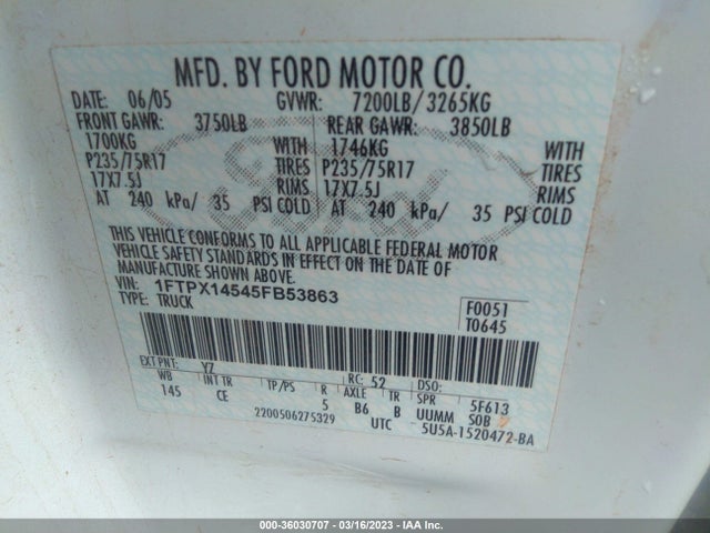 2005 FORD F-150 XLT/FX4/LARIAT/XL VIN: 1FTPX14545FB53863
