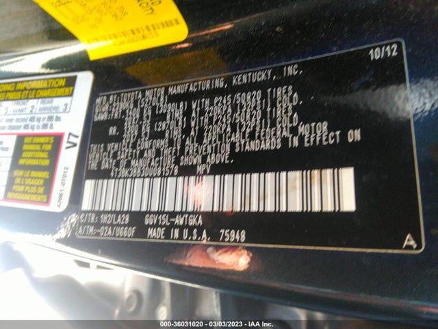 Auction sale of the 2013 Toyota Venza Le/xle/limited, vin: 4T3BK3BB3DU081578, lot number: 36031020