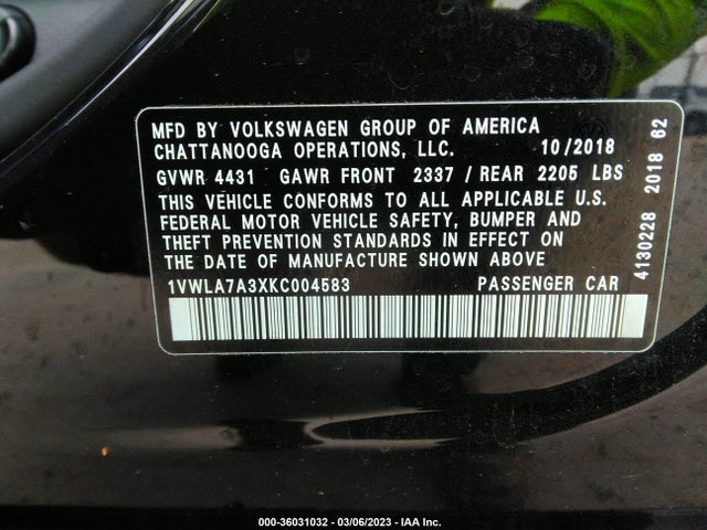 1VWLA7A3XKC004583 Volkswagen Passat 2.0t Wolfsburg Edition