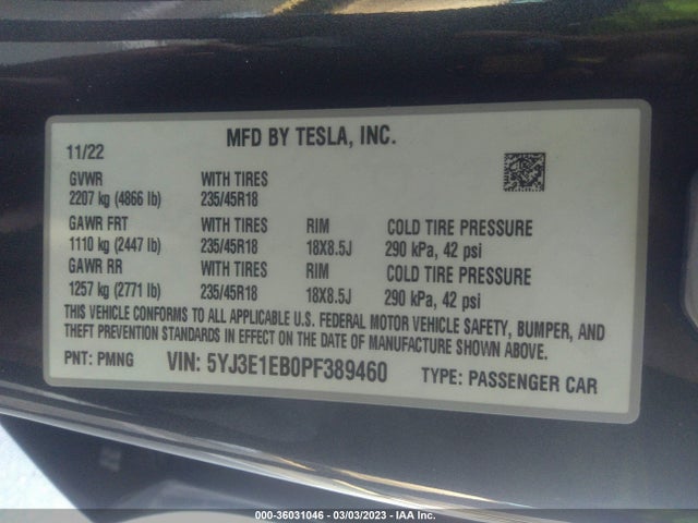Tesla MODEL 3 2023 5YJ3E1EB0PF389460 Image 9