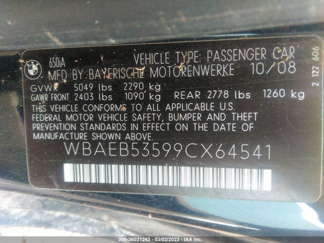 BMW 6 Series 650i 2009 WBAEB53599CX64541 Image 9