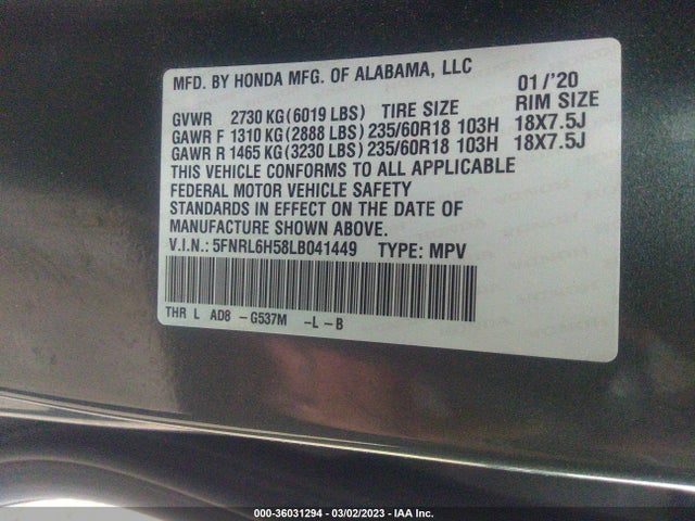 Honda ODYSSEY EX 2020 5FNRL6H58LB041449 Image 11