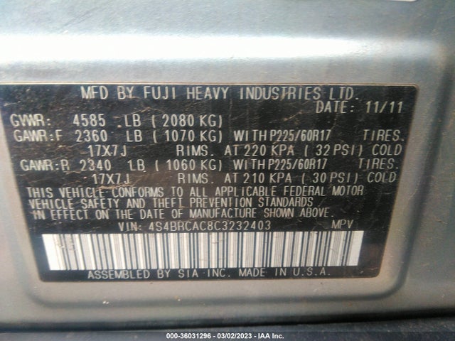 2012 SUBARU OUTBACK 2.5I VIN: 4S4BRCAC8C3232403