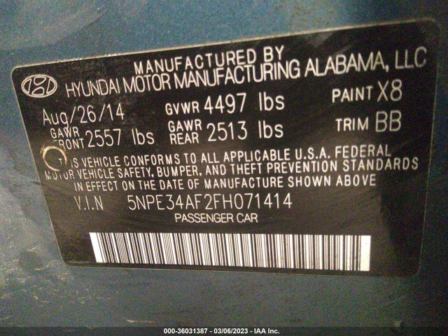 2015 HYUNDAI SONATA 2.4L LIMITED VIN: 5NPE34AF2FH071414