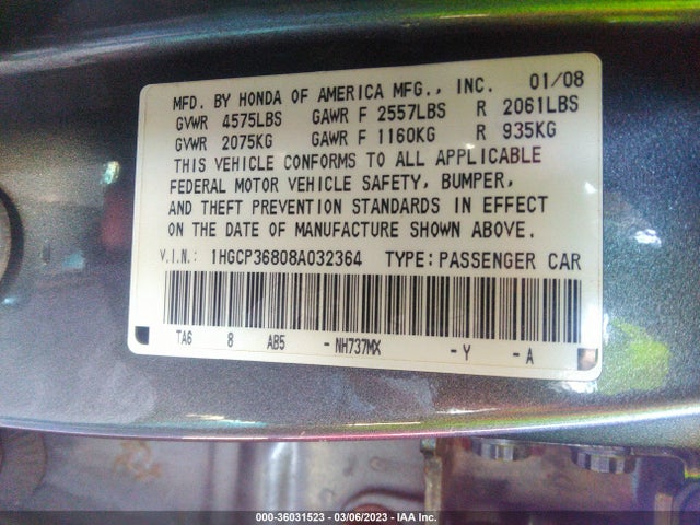 2008 HONDA ACCORD SDN EX-L VIN: 1HGCP36808A032364