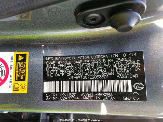 JTHBW1GG7E2053501 Lexus Es 300h Hybrid