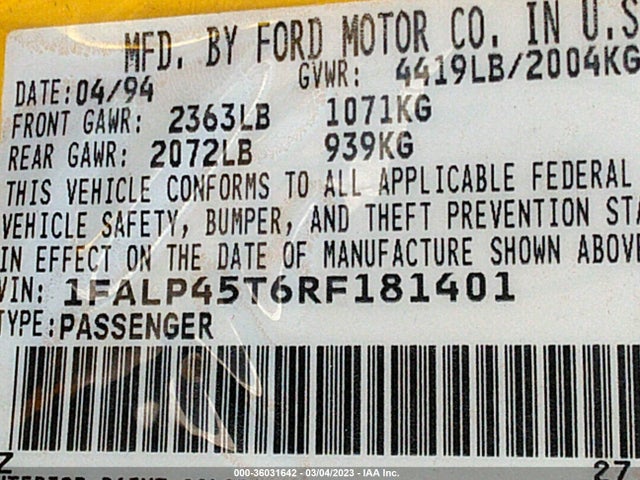 1994 FORD MUSTANG GT VIN: 1FALP45T6RF181401