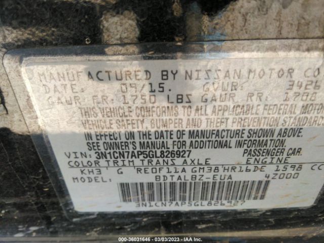 3N1CN7AP5GL826927 Nissan VERSA SV