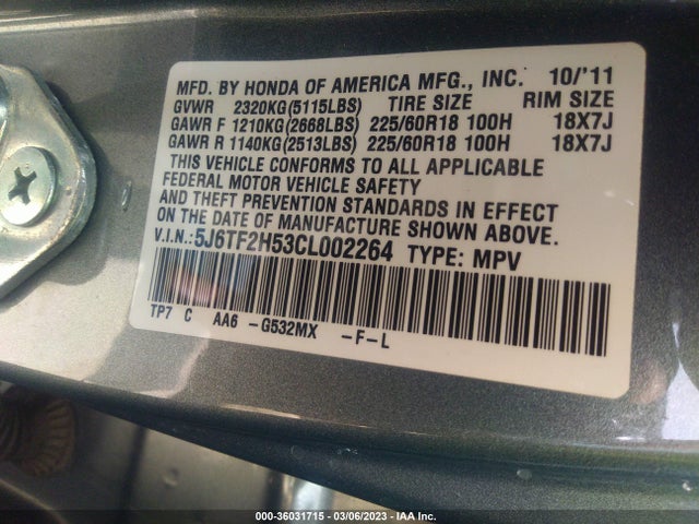 2012 HONDA CROSSTOUR EX-L VIN: 5J6TF2H53CL002264