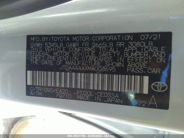 2021 Toyota Mirai, VIN: JTDAAAAAXMA003695