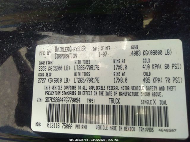 3D7KS28A47G770094 Dodge Ram 2500 Slt
