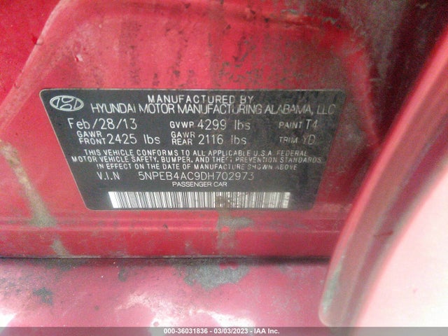 2013 HYUNDAI SONATA GLS PZEV VIN: 5NPEB4AC9DH702973