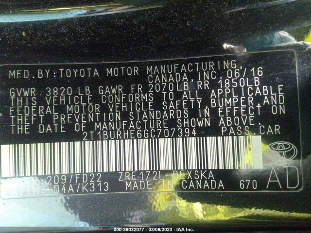 Toyota Corolla L/le/s/s Plus/le Plus 2016 2T1BURHE6GC707394 Image 9