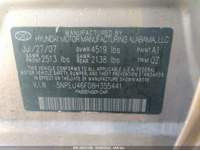 2008 HYUNDAI SONATA SE/LIMITED VIN: 5NPEU46F08H355441