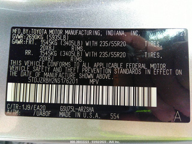 2022 TOYOTA HIGHLANDER XSE VIN: 5TDJZRBH2NS176201