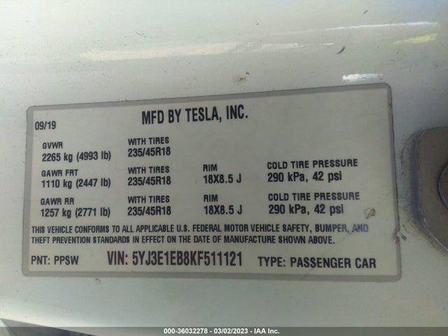 Tesla Model 3 Long Range/performance 2019 5YJ3E1EB8KF511121 Image 11