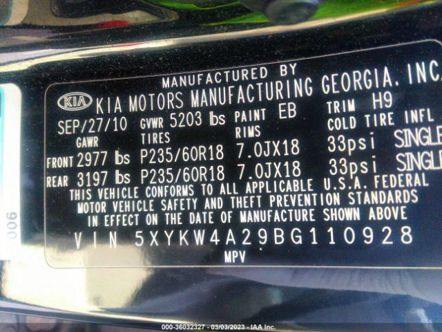 5XYKW4A29BG110928 KIA SORENTO SX