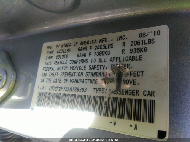 2010 HONDA ACCORD SDN EX VIN: 1HGCP2F73AA189393