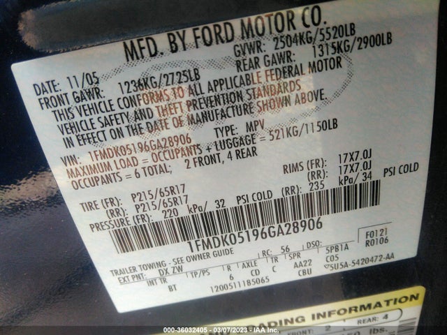 2006 FORD FREESTYLE SEL VIN: 1FMDK05196GA28906