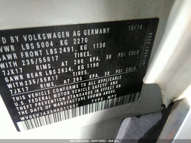 WVGSV7AX5HK011537 Volkswagen Tiguan Wolfsburg Edition