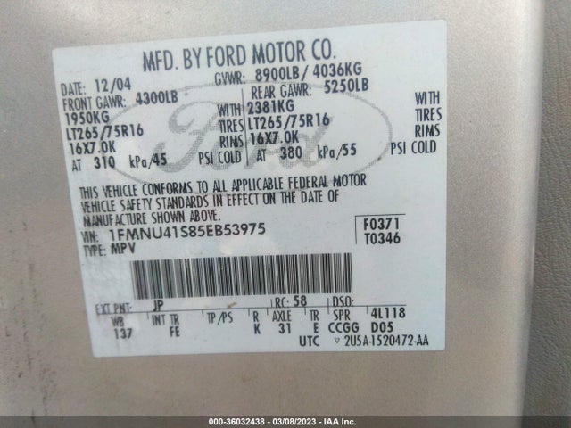 2005 FORD EXCURSION SPECIAL SERV/XLS/XLT VIN: 1FMNU41S85EB53975