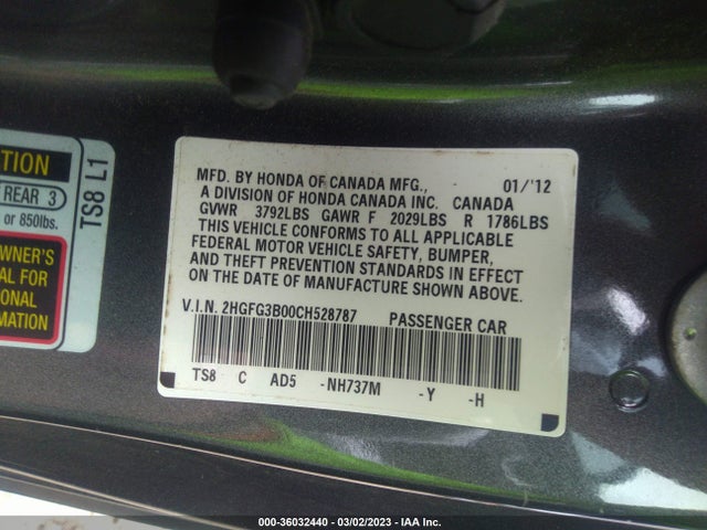 2012 HONDA CIVIC CPE EX-L VIN: 2HGFG3B00CH528787